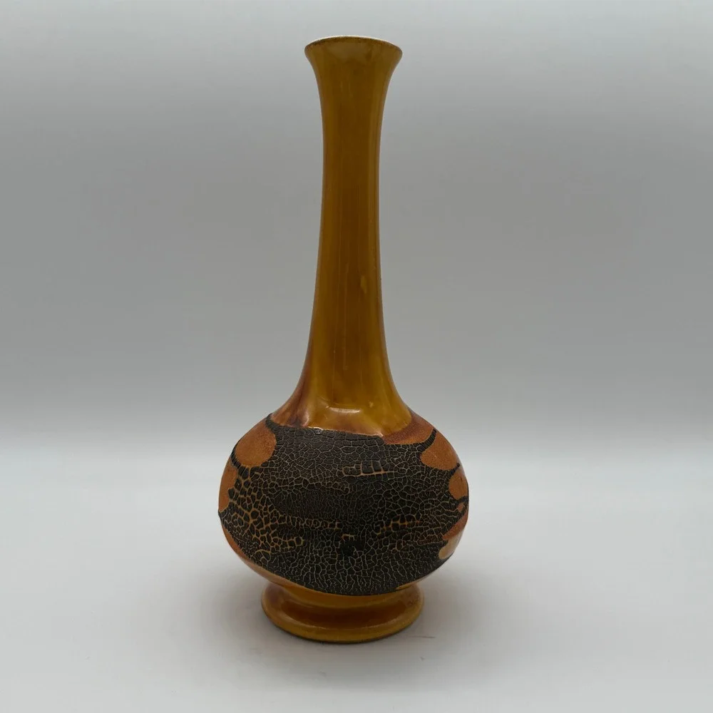Vintage Studio Pottery Bud Vase Amber Lava Textured Mid Century Modern 10in
